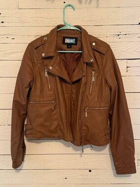 Jou Jou Cognac Brown Faux Leather Jacket with Branded Plaque